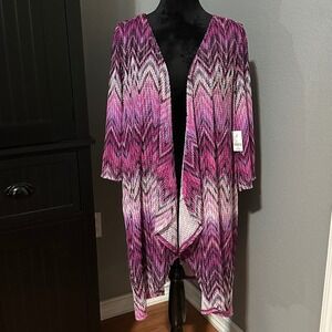 Catherines 1X Open Front Cardigan Pink Purple Chevron Knit Lightweight NWT‎